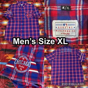 Chicago Cubs Button Up Plaid Short Sleeve Shirt Mens XL Red Blue Cubbies Klew